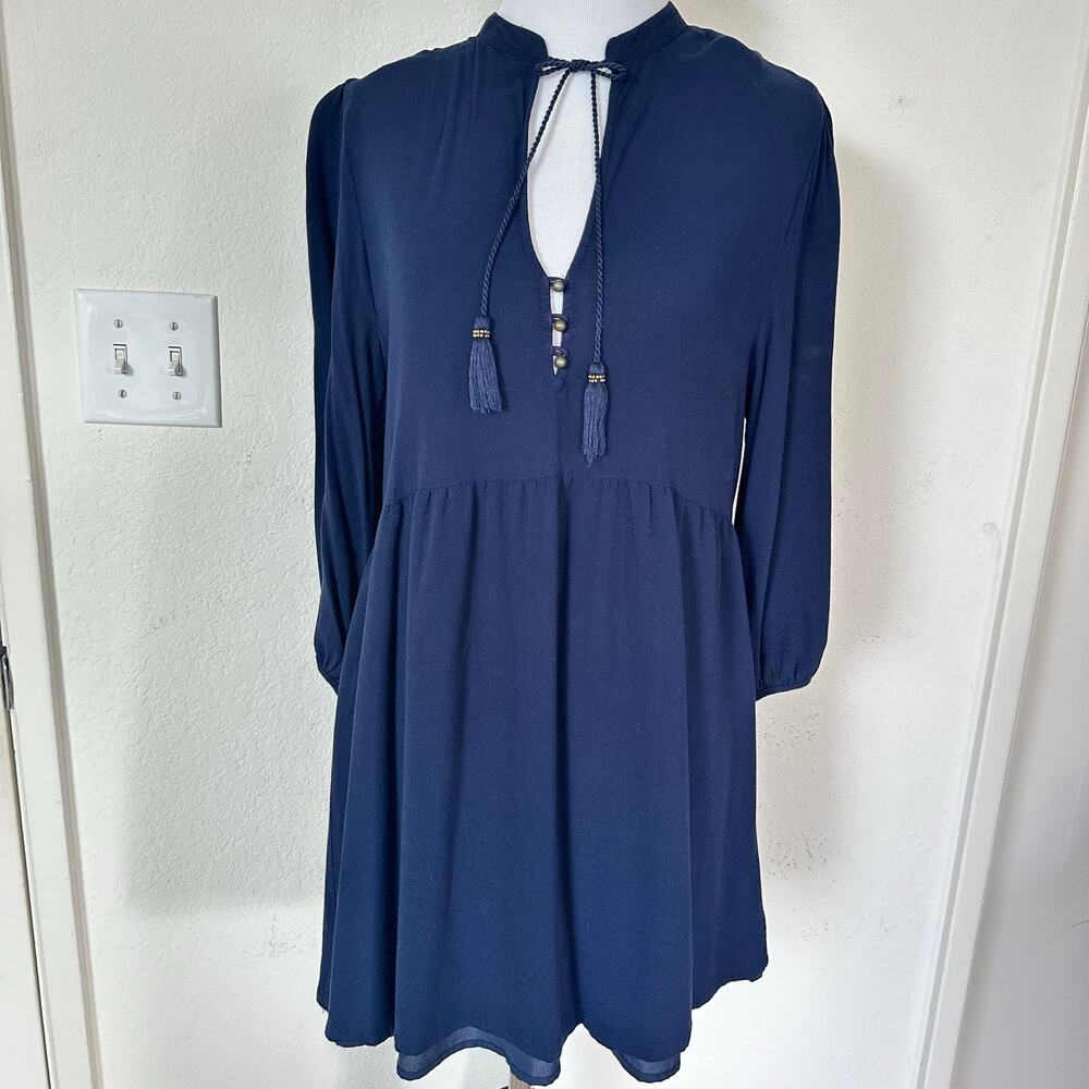 Forever 21 Navy Boho Mini Dress Long Sleeve Tassel Tie Neck Medium Peasant - Picture 2 of 12